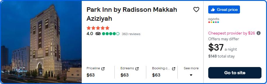 Click here to book this cheap flight deal. Stay at the 5* Park Inn by Radisson Makkah Aziziyah in Makkah, Saudi Arabia for only $37 USD per night. Flight deal ticket image.