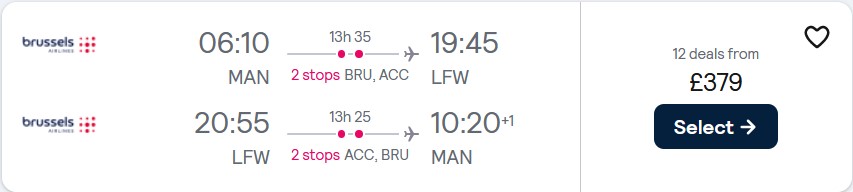 Click here to book this cheap flight deal. Cheap flights from Manchester, UK to Togo for only £379 roundtrip with Brussels Airlines. Flight deal ticket image.
