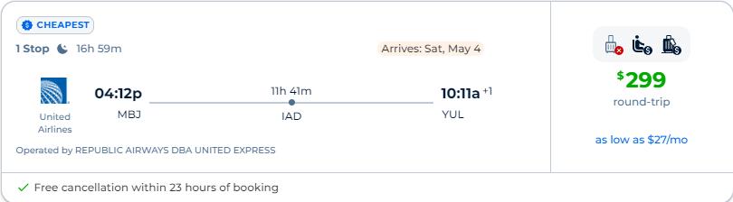 Last minute flights from Montego Bay, Jamaica to Montreal, Canada for only $299 USD roundtrip with United Airlines. Flight deal ticket image.