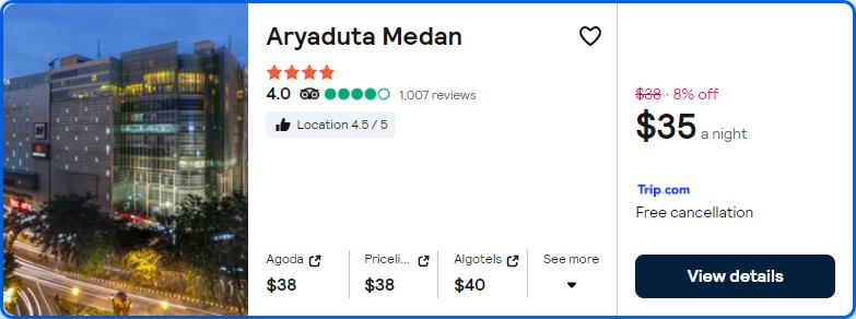 Click here to book this cheap flight deal. Stay at the 4* Aryaduta Medan in Medan, Indonesia for only $35 USD per night. Flight deal ticket image.