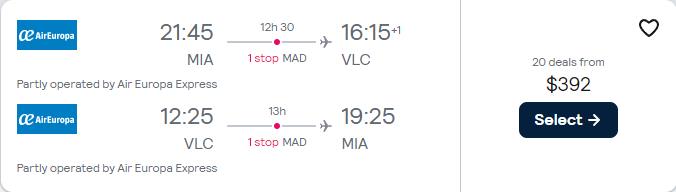 Click here to book this cheap flight deal. Cheap flights from Miami to Valencia, Spain for only $392 roundtrip with Air Europa. Flight deal ticket image.