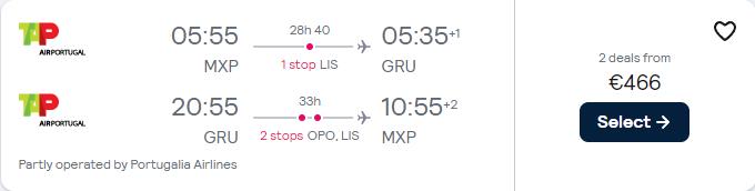 Cheap flights from Milan or Rome, Italy to Sao Paulo, Brazil from only €466 roundtrip with TAP Air Portugal. Flight deal ticket image.