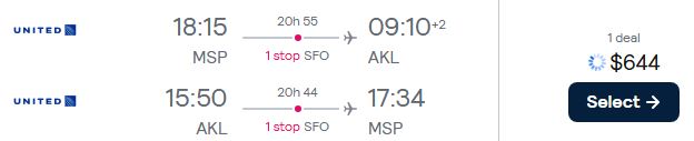 Cheap flights from US cities to Auckland, New Zealand from only $644 roundtrip with United Airlines. Flight deal ticket image.