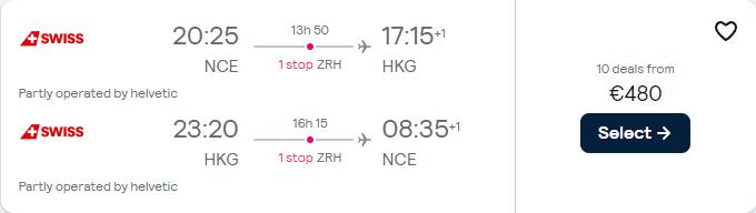 Cheap flights from French cities to Hong Kong from only €480 roundtrip with Swiss International Air Lines. Flight deal ticket image.