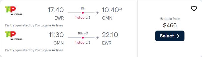 Cheap flights from New York to Casablanca or Marrakesh, Morocco from only $466 roundtrip with TAP Air Portugal. Flight deal ticket image.