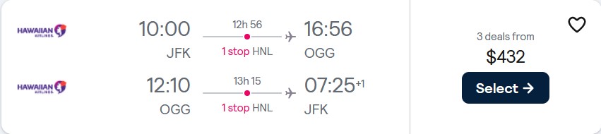 Cheap flights from New York to Hawaii from only $432 roundtrip with Hawaiian Airlines. Also works in reverse. Flight deal ticket image.