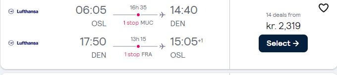 Click here to book this cheap flight deal. Cheap flights from Oslo, Norway to Denver, Colorado for only €313 roundtrip with Lufthansa. Flight deal ticket image.