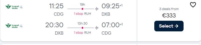 Cheap flights from Paris, France to Dubai, UAE for only €333 roundtrip. Flight deal ticket image.