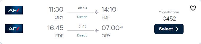 Non-stop flights from Paris, France to Martinique or Guadeloupe from only €452 roundtrip with Air France. Flight deal ticket image.