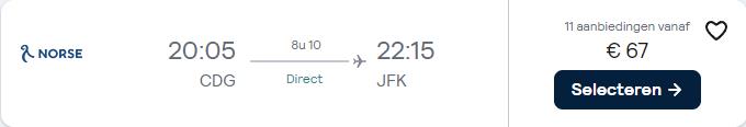 Non-stop, last minute flights from Paris, France to New York or Los Angeles, USA from only €67 one-way. Flight deal ticket image.