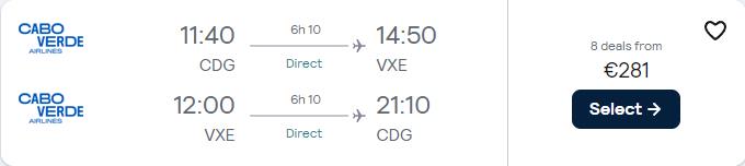 Non-stop flights from Paris, France to Sao Vicente, Cape Verde for only €281 roundtrip. Flight deal ticket image.