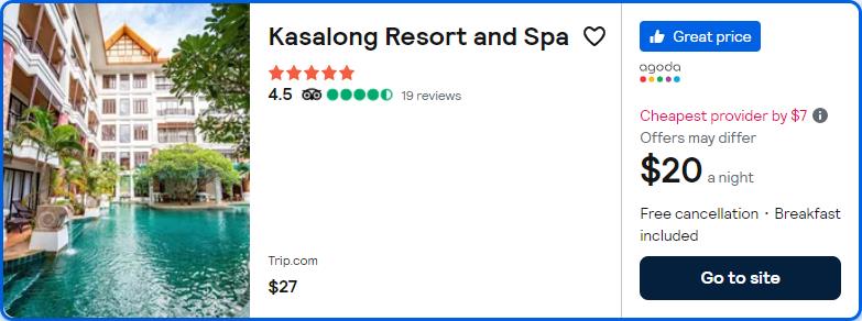 Click here to book this cheap flight deal. Stay at the 5* Kasalong Resort and Spa in Pattaya, Thailand for only $20 USD per night. Flight deal ticket image.