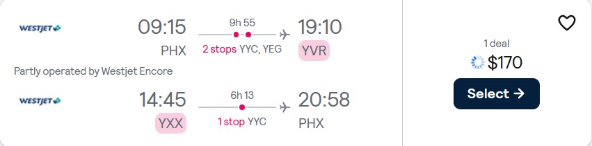 Summer flights from Phoenix, Arizona to Canadian cities from only $170 roundtrip. Flight deal ticket image.