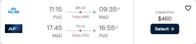 Click here to book this cheap flight deal. Cheap flights from Shanghai, China to Madrid, Spain for only $460 USD roundtrip with KLM and Air France. Flight deal ticket image.