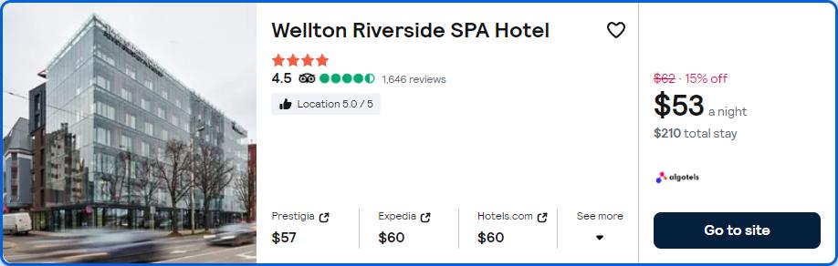 Click here to book this cheap flight deal. Stay at the 4* Wellton Riverside SPA Hotel in Riga, Latvia for only $53 USD per night. Flight deal ticket image.