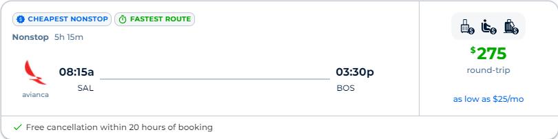 Non-stop flights from San Salvador, El Salvador to Boston, USA for only $275 USD roundtrip with Avianca. Flight deal ticket image.