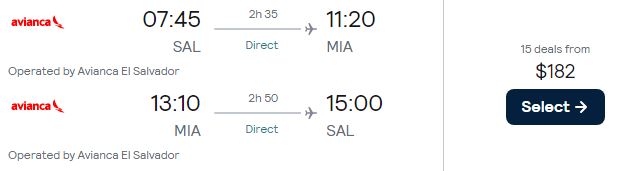 Non-stop flights from San Salvador, El Salvador to Miami, USA for only $182 USD roundtrip with Avianca. Flight deal ticket image.