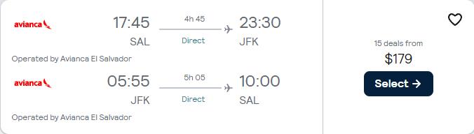 Non-stop flights from San Salvador, El Salvador to New York, USA for only $179 USD roundtrip with Avianca. Flight deal ticket image.