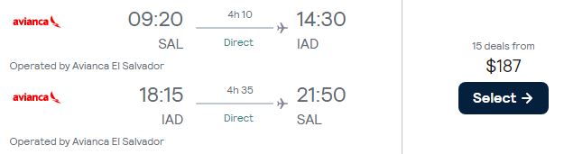Non-stop flights from San Salvador, El Salvador to Washington DC, USA for only $187 USD roundtrip. Flight deal ticket image.