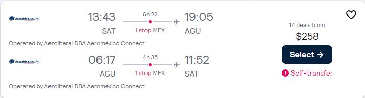 Click here to book this cheap flight deal. Cheap flights from San Antonio, Texas to Aguascalientes, Mexico for only $258 roundtrip with Aeromexico. Flight deal ticket image.