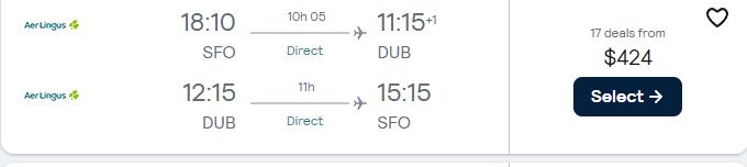 Non-stop flights from San Francisco or Los Angeles to Dublin, Ireland from only $424 roundtrip with Aer Lingus. Flight deal ticket image.