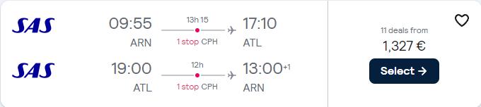 Business Class flights from Stockholm, Sweden to Atlanta, USA for only €1327 roundtrip with Scandinavian Airlines. Flight deal ticket image.