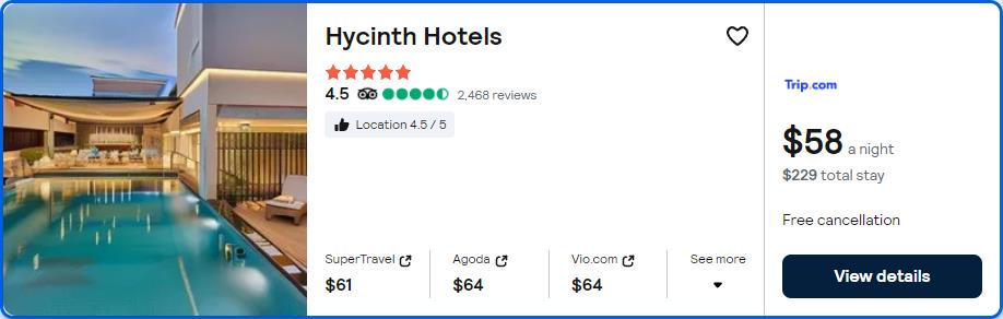 Click here to book this cheap flight deal. Stay at the 5* Hycinth Hotels in Thiruvananthapuram, India for only $58 USD per night. Flight deal ticket image.