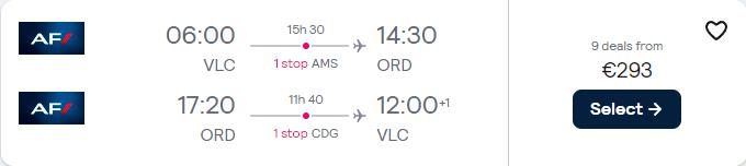 Cheap flights from Valencia or Bilbao, Spain to Chicago, USA from only €293 roundtrip with KLM and Air France. Flight deal ticket image.