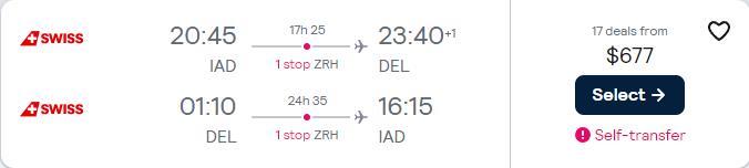 Cheap flights from Washington DC to Delhi or Mumbai, India from only $677 roundtrip with Swiss International Air Lines. Flight deal ticket image.