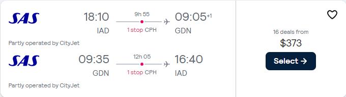 Click here to book this cheap flight deal. Cheap flights from Washington DC to Gdansk, Poland for only $373 roundtrip with Scandinavian Airlines. Flight deal ticket image.