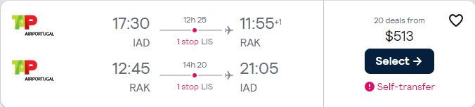 Cheap flights from Washington DC to Marrakesh or Casablanca, Morocco from only $513 roundtrip with TAP Air Portugal. Flight deal ticket image.