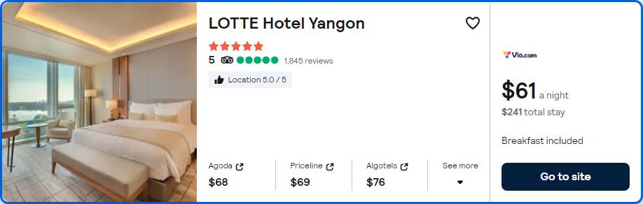 Stay at the 5* LOTTE Hotel Yangon in Yangon, Myanmar for only $61 USD per night. Flight deal ticket image.