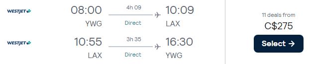 Click here to book this cheap flight deal. Non-stop flights from Winnipeg, Canada to Los Angeles, USA for only $275 CAD roundtrip. Flight deal ticket image.