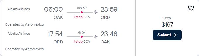 Cheap flights from Chicago to Oakland, California for only 167 roundtrip with Aeromexico. Also works in reverse. Flight deal ticket image.