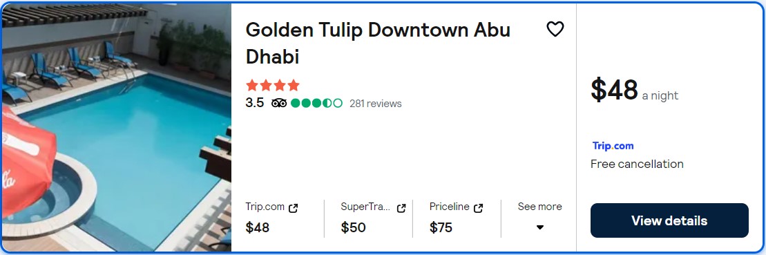 Stay at the 4* Golden Tulip Downtown Abu Dhabi in Abu Dhabi, UAE for only $48 USD per night. Flight deal ticket image.