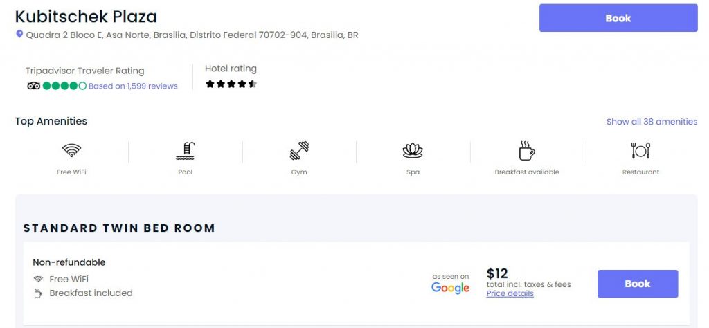 Click here to book this cheap flight deal. Hotel Misprice at the 4* Kubitschek Plaza Hotel in Brasilia, Brazil for only $12 USD per night. Breakfast included. Flight deal ticket image.