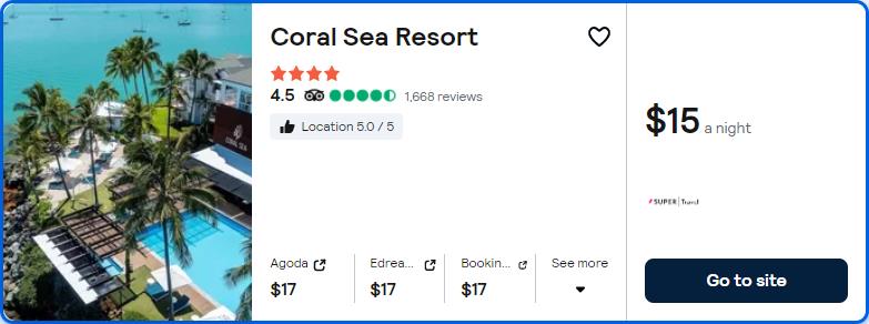 Stay at the 4* Coral Sea Resort in Airlie Beach, Australia for only $15 USD per night. Flight deal ticket image.