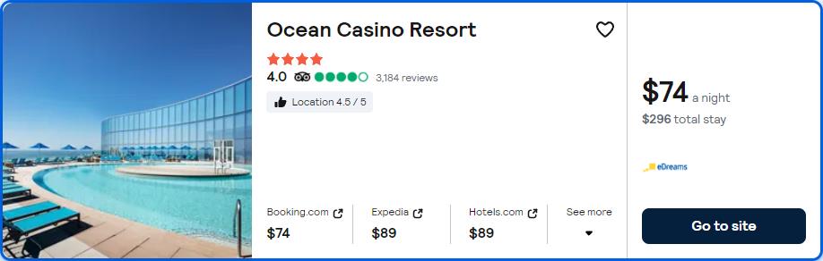 Click here to book this cheap flight deal. Stay at the 4* Ocean Casino Resort in Atlantic City, USA for only $74 USD per night. Flight deal ticket image.
