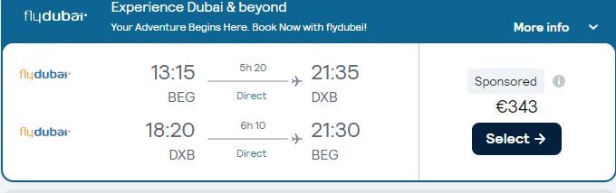 Non-stop flights from Belgrade, Serbia to Dubai, UAE for only €343 roundtrip. Flight deal ticket image.