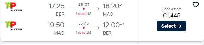 Business Class flights from Berlin, Germany to Manaus, Brazil for only €1445 roundtrip with TAP Air Portugal. Flight deal ticket image.