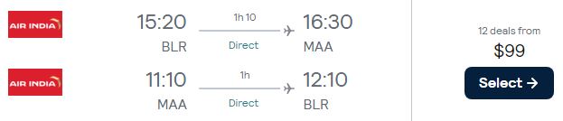 Click here to book this cheap flight deal. Business Class flights from Bangalore, India to Chennai for only $99 USD roundtrip. Also works in reverse. Flight deal ticket image.