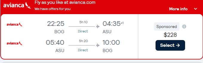 Non-stop flights from Bogota, Colombia to Asuncion, Paraguay for only $228 USD roundtrip with Avianca. Flight deal ticket image.