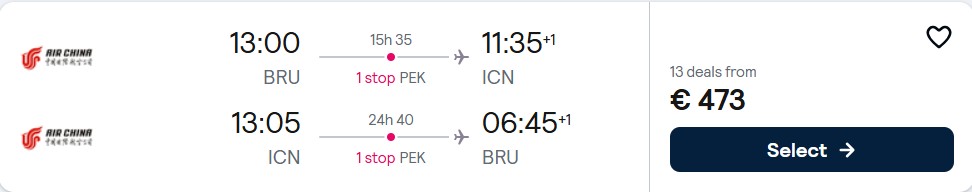 Click here to book this cheap flight deal. Cheap flights from Brussels, Belgium to Seoul, South Korea for only €473 roundtrip. Flight deal ticket image.