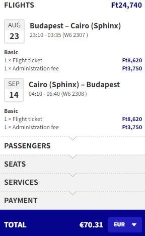 Non-stop flights from Budapest, Hungary to Cairo, Egypt for only €70 roundtrip. Flight deal ticket image.