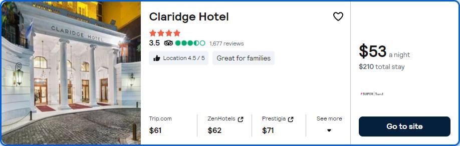 Click here to book this cheap flight deal. Stay at the 4* Claridge Hotel in Buenos Aires, Argentina for only $54 USD per night. Flight deal ticket image.