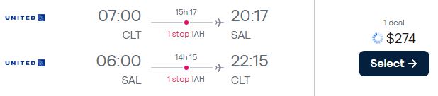 Cheap flights from Charlotte, North Carolina to San Salvador, El Salvador for only $274 roundtrip with United Airlines. Flight deal ticket image.