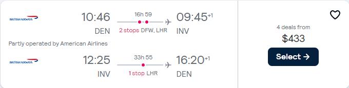 Cheap flights from US cities to Inverness, Scotland from only $433 roundtrip with American Airlines and British Airways. Flight deal ticket image.