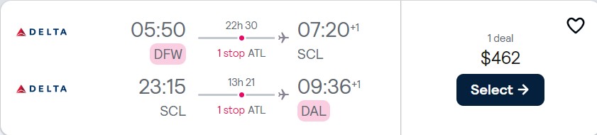 Cheap flights from Dallas, Texas to Santiago, Chile for only $462 roundtrip with Delta Air Lines. Flight deal ticket image.