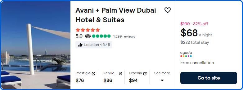 Click here to book this cheap flight deal. Stay at the 5* Avani + Palm View Dubai Hotel & Suites in Dubai, UAE for only $68 USD per night. Flight deal ticket image.