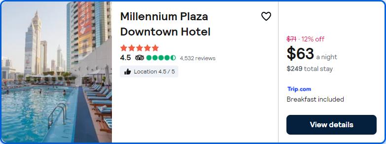 Click here to book this cheap flight deal. Stay at the 5* Millennium Plaza Downtown Hotel in Dubai, UAE for only $63 USD per night. Flight deal ticket image.